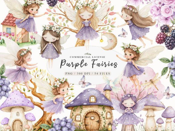 Download Watercolor Magical Garden Purple Fairies - Color Collection