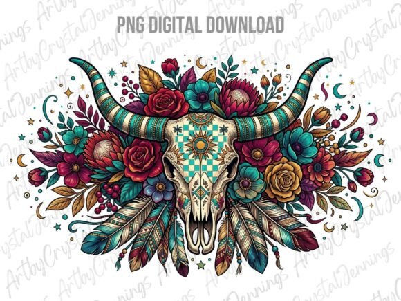 Download Western Boho Floral Longhorn Skull PNG - Boho Collection